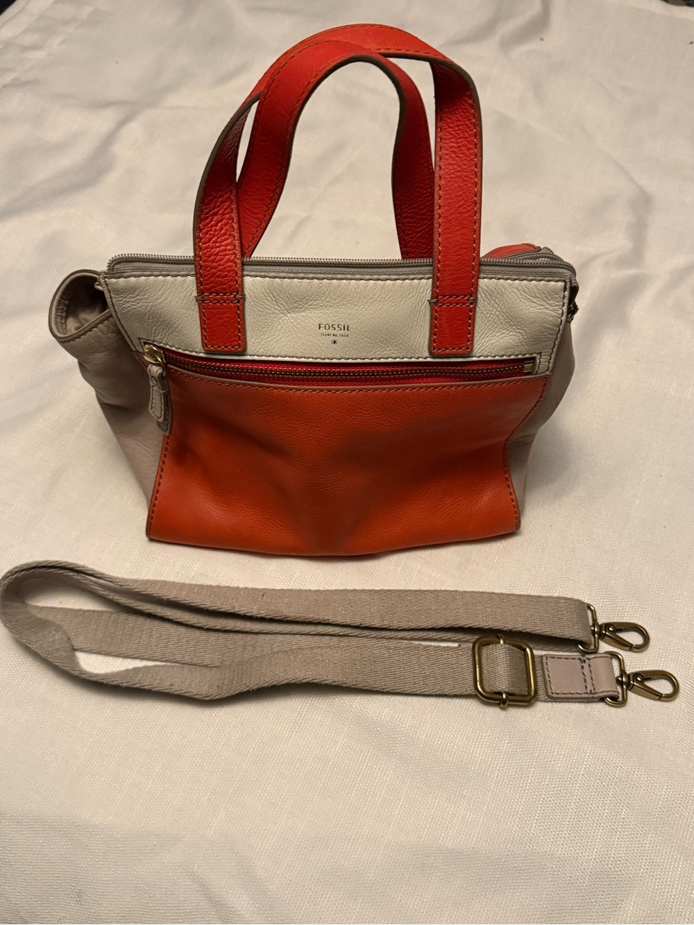 Fossil Colorblock Leather Satchel Crossbody Bag Orange Ivory